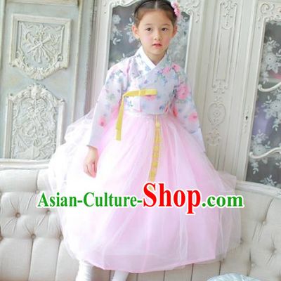 Traditional Korean National Handmade Formal Occasions Girls Clothing Palace Hanbok Costume Printing Blouse and Pink Dress for Kids