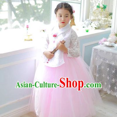 Traditional Korean National Handmade Formal Occasions Girls Clothing Palace Hanbok Costume White Lace Blouse and Pink Dress for Kids