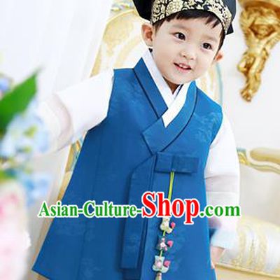 Traditional Asian Korean National Handmade Formal Occasions Boys Embroidery Blue Vest Hanbok Costume Complete Set for Kids