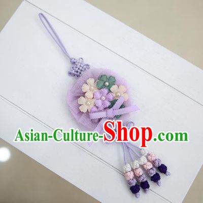 Asian Korean Hanbok Purple Flowers Tassel Waist Decorations, Korean National Belts Accessories Wedding Bride Waist Pendant for Women