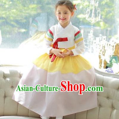 Traditional Korean National Handmade Formal Occasions Girls Clothing Palace Hanbok Costume Embroidered White Blouse and Yellow Dress for Kids