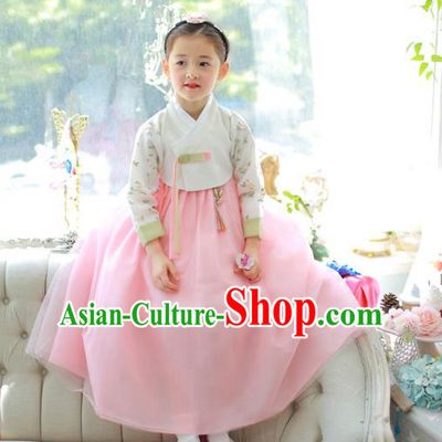 Traditional Korean National Handmade Formal Occasions Girls Clothing Palace Hanbok Costume Embroidered White Blouse and Pink Dress for Kids