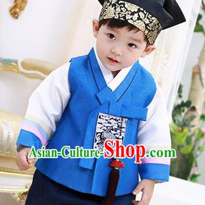 Asian Korean National Traditional Handmade Formal Occasions Boys Embroidery Blue Vest Hanbok Costume Complete Set for Kids