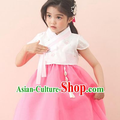 Traditional Korean National Handmade Formal Occasions Girls Palace Hanbok Costume Embroidered White Blouse and Pink Dress for Kids