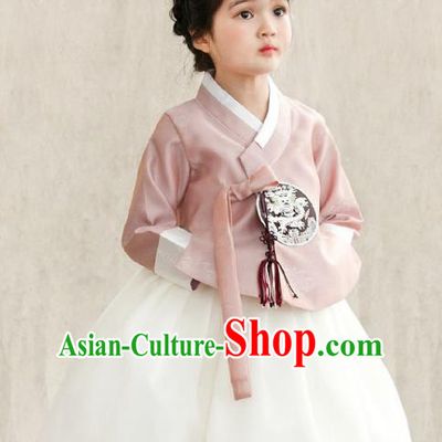 Traditional Korean National Handmade Formal Occasions Girls Palace Hanbok Costume Embroidered Pink Blouse and White Dress for Kids