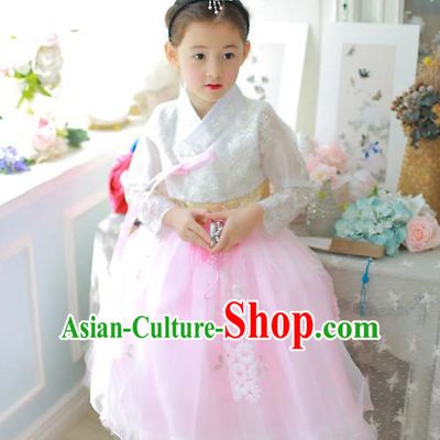 Traditional Korean National Handmade Formal Occasions Girls Palace Hanbok Costume Embroidered White Lace Blouse and Pink Dress for Kids