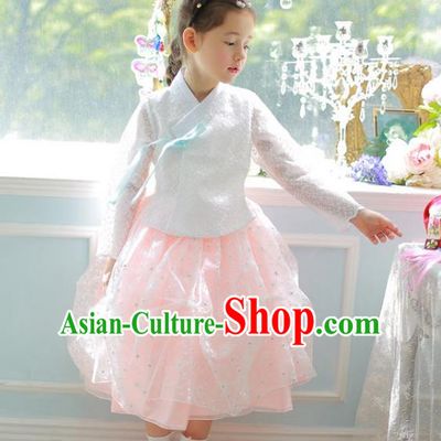Traditional Korean National Handmade Formal Occasions Girls Palace Hanbok Costume Embroidered White Lace Blouse and Orange Dress for Kids