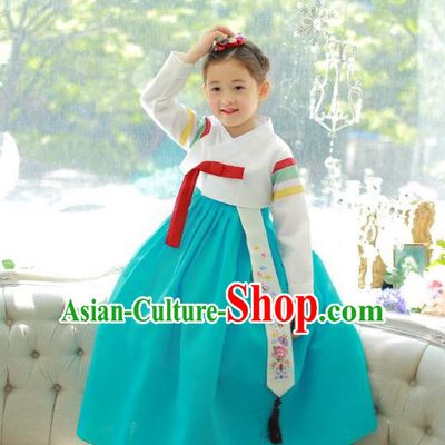 Traditional Korean National Handmade Formal Occasions Girls Palace Hanbok Costume Embroidered White Blouse and Green Dress for Kids