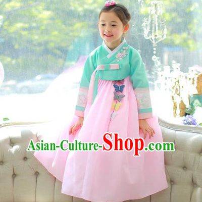 Traditional Korean National Handmade Formal Occasions Girls Palace Hanbok Costume Embroidered Green Blouse and Pink Dress for Kids