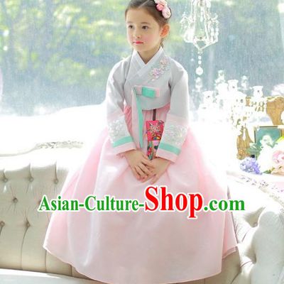 Traditional Korean National Handmade Formal Occasions Girls Palace Hanbok Costume Embroidered Grey Blouse and Pink Dress for Kids