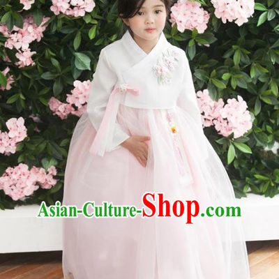 Traditional Korean National Handmade Formal Occasions Girls Palace Hanbok Costume Embroidered White Blouse and Pink Veil Dress for Kids