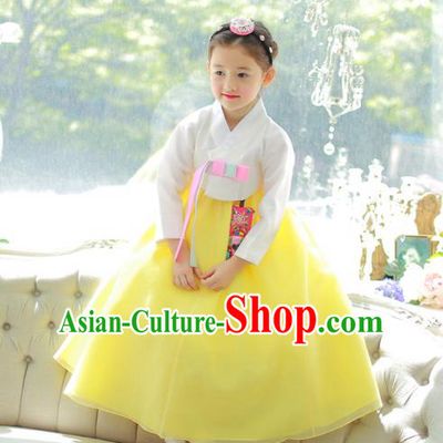 Traditional Korean National Handmade Formal Occasions Girls Palace Hanbok Costume Embroidered White Blouse and Yellow Dress for Kids