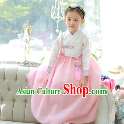Traditional Korean National Handmade Formal Occasions Girls Palace Hanbok Costume Embroidered White Blouse and Pink Dress for Kids