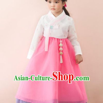 Traditional Korean National Handmade Formal Occasions Girls Palace Hanbok Costume Embroidered White Blouse and Pink Dress for Kids