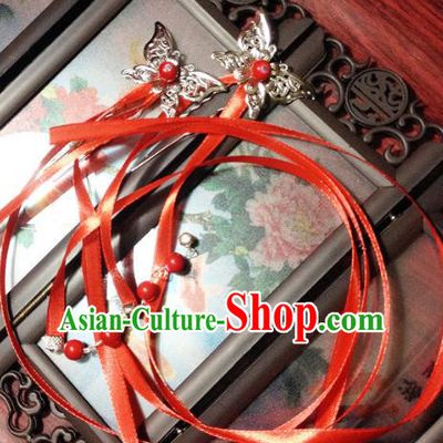 Traditional Chinese Ancient Classical Hair Accessories Butterfly Hair Clip Bride Red Ribbon Tassel Step Shake Hairpins for Women