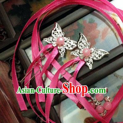 Traditional Chinese Ancient Classical Hair Accessories Butterfly Hair Clip Bride Rosy Ribbon Tassel Step Shake Hairpins for Women