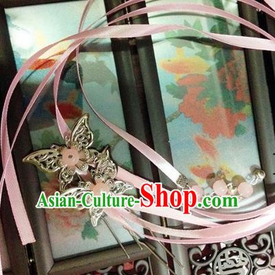 Traditional Chinese Ancient Classical Hair Accessories Butterfly Hair Clip Bride Pink Ribbon Tassel Step Shake Hairpins for Women