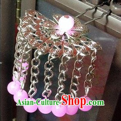 Traditional Chinese Ancient Classical Hair Accessories Pink Beads Hair Clip Bride Tassel Step Shake Hairpins for Women