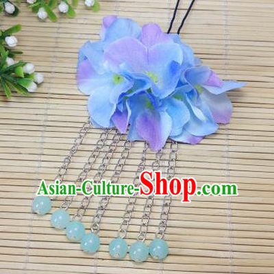 Traditional Chinese Ancient Classical Hair Accessories Light Blue Flowers Beads Tassel Step Shake Bride Hairpins for Women