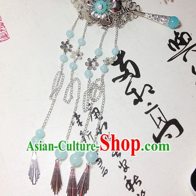 Traditional Handmade Chinese Classical Hair Accessories, Ancient Royal Highness Blue Beads Tassel Tuinga Hairdo Crown for Men