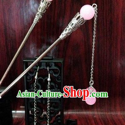 Traditional Chinese Ancient Classical Hair Accessories Pink Beads Tassel Step Shake Bride Hairpins and Earrings for Women