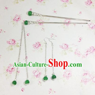 Traditional Chinese Ancient Classical Hair Accessories Green Beads Tassel Step Shake Bride Hairpins and Earrings for Women
