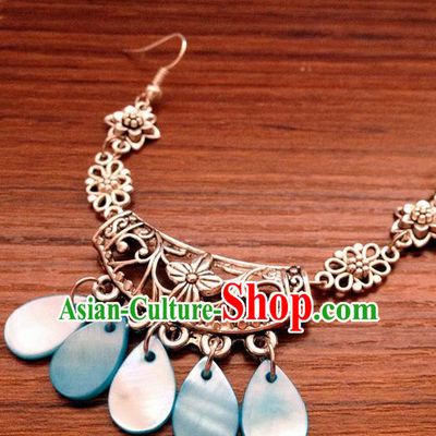 Traditional Chinese Ancient Classical Hair Accessories Blue Tassel Eyebrows Pendant Hair Clasp Step Shake Bride Hairpins for Women