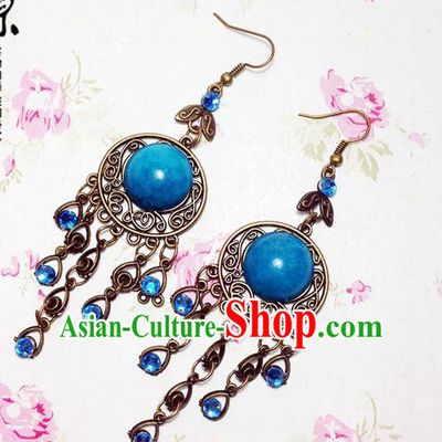 Traditional Handmade Chinese Ancient Classical Accessories Bride Wedding Xiuhe Suit Hanfu Blue Long Tassel Earrings for Women