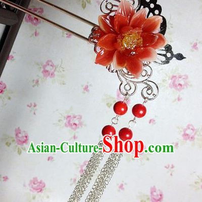 Traditional Chinese Ancient Classical Hair Accessories Hanfu Red Flower Hair Clip Tassel Step Shake Bride Hairpins for Women