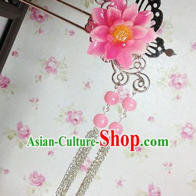 Traditional Chinese Ancient Classical Hair Accessories Hanfu Peach Pink Flower Hair Clip Tassel Step Shake Bride Hairpins for Women