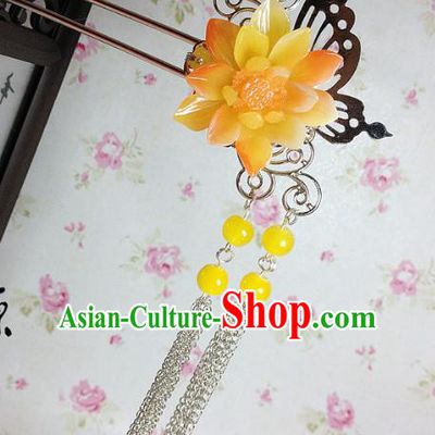 Traditional Chinese Ancient Classical Hair Accessories Hanfu Yellow Flower Hair Clip Tassel Step Shake Bride Hairpins for Women