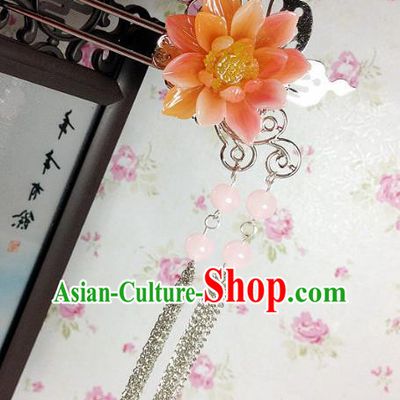 Traditional Chinese Ancient Classical Hair Accessories Hanfu Orange Flower Hair Clip Tassel Step Shake Bride Hairpins for Women