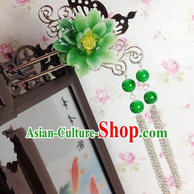 Traditional Chinese Ancient Classical Hair Accessories Hanfu Green Flower Hair Clip Tassel Step Shake Bride Hairpins for Women