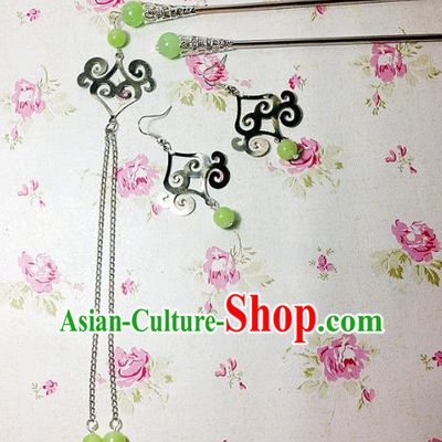 Traditional Handmade Chinese Ancient Classical Hair Accessories Bride Wedding Xiuhe Suit Light Green Beads Tassel Hairpins and Earrings for Women