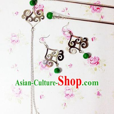 Traditional Handmade Chinese Ancient Classical Hair Accessories Bride Wedding Xiuhe Suit Green Beads Tassel Hairpins and Earrings for Women