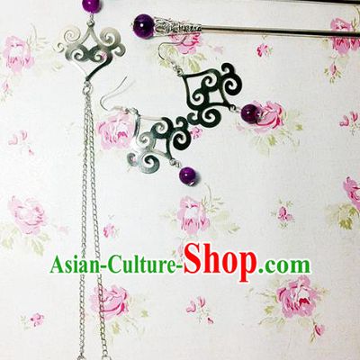 Traditional Handmade Chinese Ancient Classical Hair Accessories Bride Wedding Xiuhe Suit Deep Purple Beads Tassel Hairpins and Earrings for Women