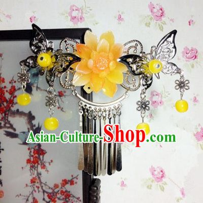Traditional Chinese Ancient Classical Hair Accessories Princess Yellow Flower Butterfly Hair Comb Tassel Step Shake Hairpins for Women