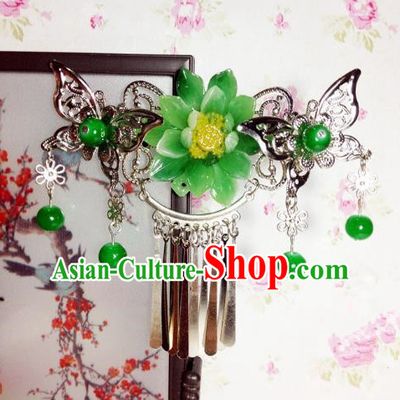 Traditional Chinese Ancient Classical Hair Accessories Princess Green Flower Butterfly Hair Comb Tassel Step Shake Hairpins for Women