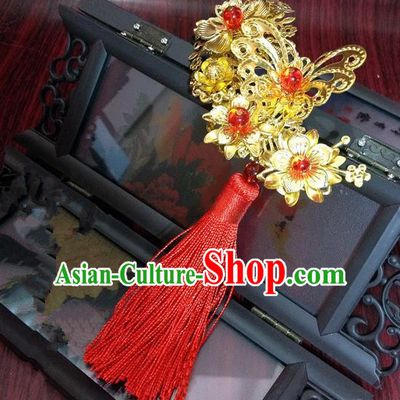 Traditional Chinese Ancient Classical Hair Accessories Princess Butterfly Hair Stick Bride Red Tassel Golden Step Shake Hairpins for Women