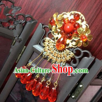 Traditional Chinese Ancient Classical Hair Accessories Bride Red Tassel Forehead Ornament Step Shake Hairpins for Women
