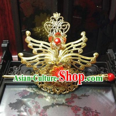 Traditional Handmade Chinese Classical Hair Accessories, Ancient Royal Highness Tuinga Red Beads Golden Hairdo Crown for Men