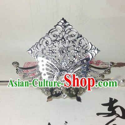Traditional Handmade Chinese Classical Hair Accessories, Ancient Royal Highness White Butterfly Tuinga Hairdo Crown for Men