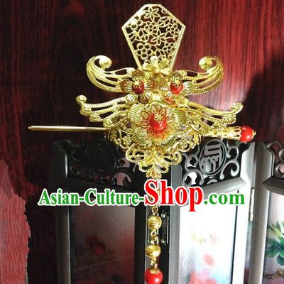 Traditional Handmade Chinese Classical Hair Accessories, Ancient Royal Highness Golden Headband Tassel Tuinga Hairdo Crown for Men