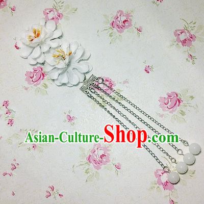 Traditional Chinese Ancient Classical Hair Accessories Hanfu White Flowers Tassel Step Shake Bride Hairpins for Women
