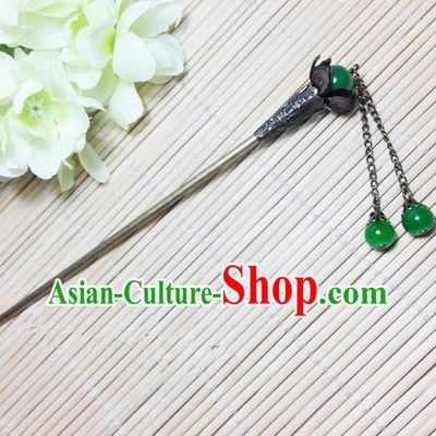 Traditional Chinese Ancient Classical Hair Accessories Hanfu Green Beads Hair Clip Tassel Step Shake Hairpins for Women