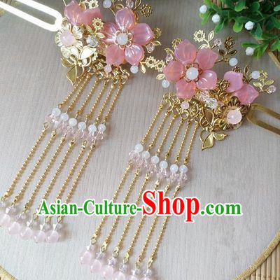 Traditional Chinese Ancient Classical Hair Accessories Hanfu Pink Flowers Tassel Hair Clip Step Shake Hairpins for Women