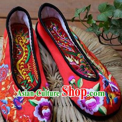 Asian Chinese Traditional Wedding Shoes Red Embroidered Shoes, China Peking Opera Embroidery Phoenix Peony Shoes Hanfu Shoes for Women