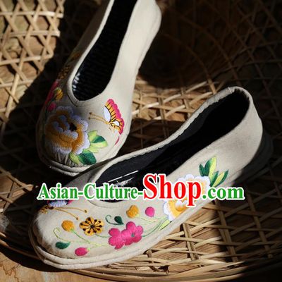 Asian Chinese Traditional Shoes Grey Embroidered Shoes, China Peking Opera Handmade Strong Cloth Soles Embroidery Shoe Hanfu Princess Shoes for Women