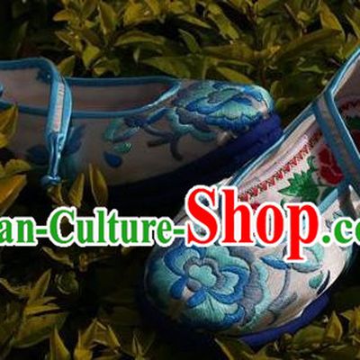 Asian Chinese Traditional Shoes Blue Bride Embroidered Shoes, China Peking Opera Handmade Embroidery Shoe Hanfu Princess Shoes for Women