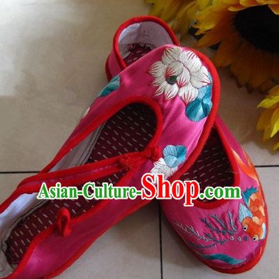 Asian Chinese Traditional Shoes Wedding Bride Rosy Embroidered Shoes, China Peking Opera Handmade Embroidery Lotus Hanfu Shoes for Women